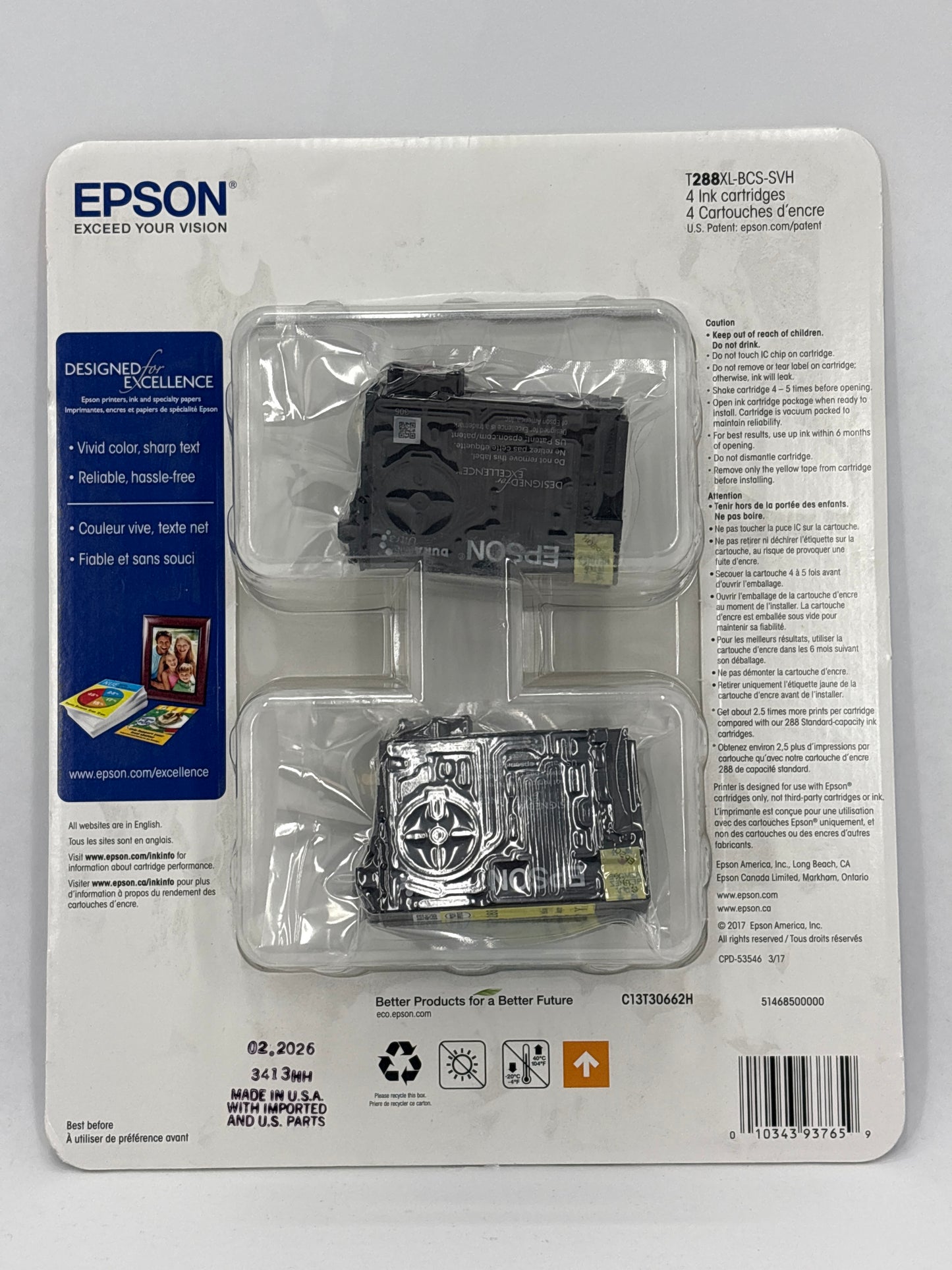 New Epson 288 & 288XL C13T30662H Black, Yellow, Cyan and Magenta Ink Cartridge